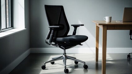 Modern office scene with a chair, desk, window, and minimal items