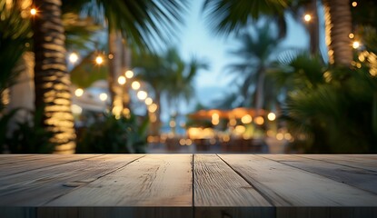 Wooden table with blurred background of palm trees and string lights at dusk tropical