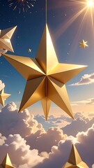 Gold stars hang in the blue sky, clouds below, sun rays above, with blurry fireworks in background