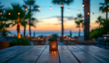 Wooden table with small potted plant and blurred beach background at sunset with string lights blurred background
