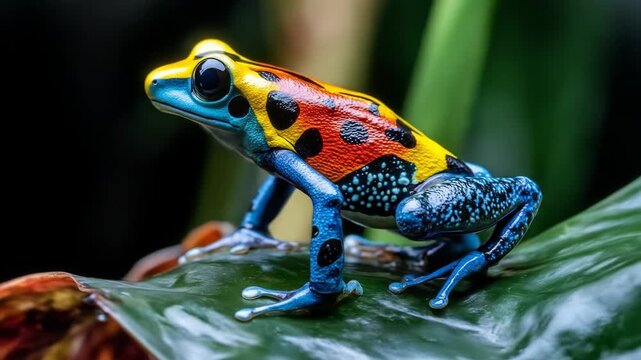 Vibrant poison dart frog on leaf showing bright colors and details