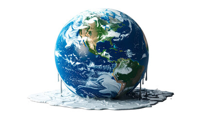 Planet Earth melting like ice cream, global warming concept, realistic texture with symbolic exaggeration, soft studio lighting, isolated on transparent background