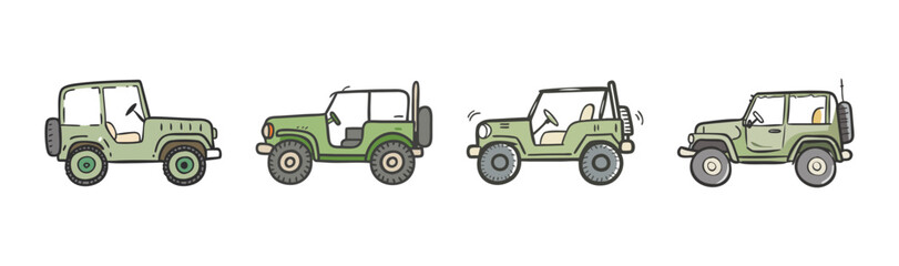 Four green military-style jeeps in different views © SulaimanIslam