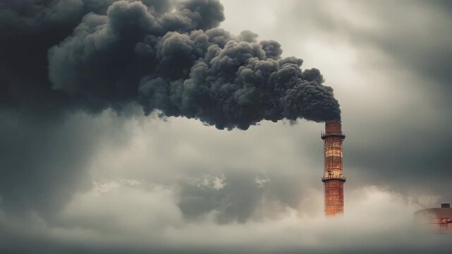 Factory chimney emitting thick black smoke into cloudy sky creating dramatic polluted atmosphere and environmental concern rust colored smokestack emitting thick black smoke into cloudy sky dramatic
