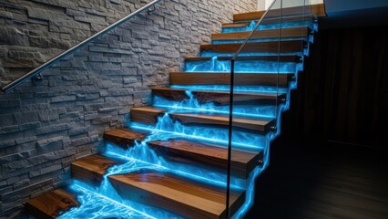Modern wooden staircase with glowing blue resin, stone wall