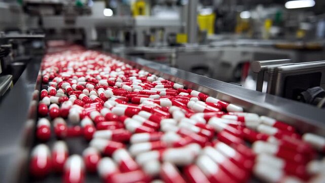 Red and white capsule pill capsule pill pharmaceutical medicine production line manufacturing factory conveyor packaging conveying through sterile industrial environment with motion blurred