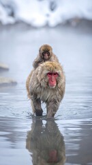 Macaque mother with baby on her back wading through shallow water, snow on the background, looking forward
