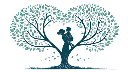 Loving mother holding baby under heart shaped tree
