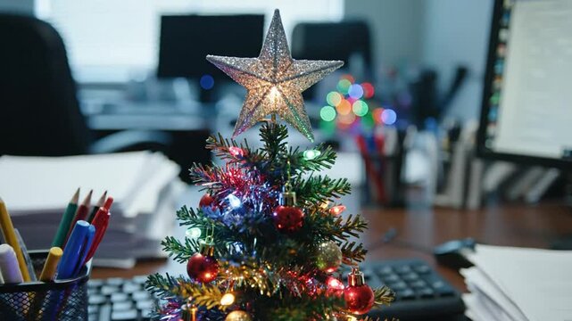 A small festive Christmas tree sits on a desk, with twinkling lights in a busy office and soft buzz