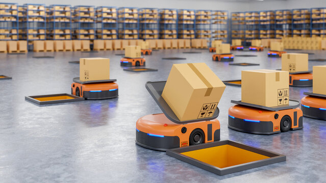 An army of robots efficiently sorting hundreds of parcels per hour(Automated guided vehicle) AGV.