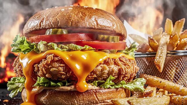 Juicy fried chicken burger with melted cheese, lettuce, tomato on a bun;fries nearby, flames behind!