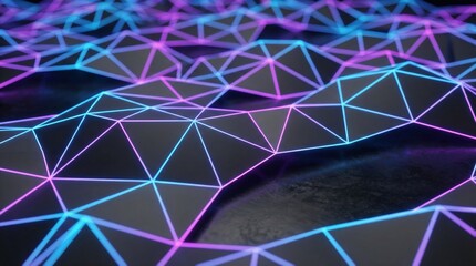 Abstract digital network surface with glowing blue and purple neon lines forming a geometric mesh pattern.