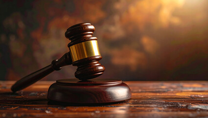 Wooden Judge Gavel and Sound Block on Courtroom Table