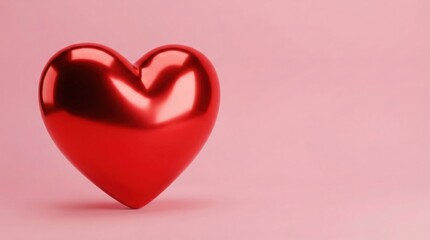 Fototapeta premium A vibrant, glossy red heart stands out against a soft, pastel pink background, symbolizing love and affection.