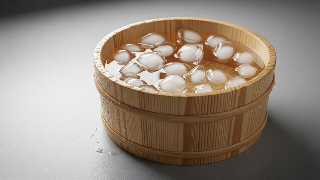 Wooden bowl filled with water and ice cubes on gray background  