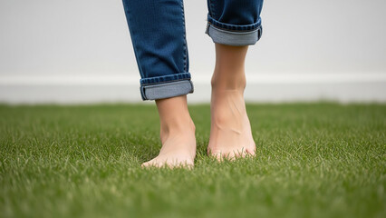 Person walking barefoot on green grass in casual denim attire  