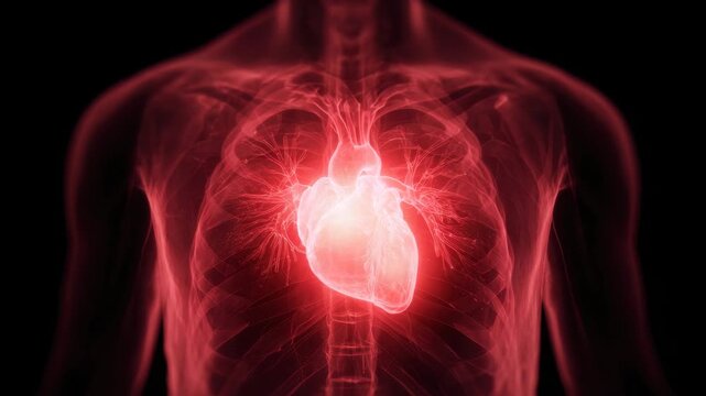 Glowing human heart chest with illuminated arteries and ribs, radiant human heart anatomy glowing chest radiograph showing heart, ribcage, arteries and veins, glowing human heart anatomy chest with