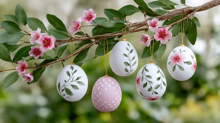 Easter eggs hanging on blossoming branch celebrating spring