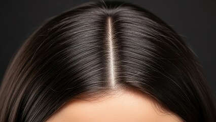 Naklejka premium Close-up of female hair parting showcasing glossy black strands with healthy shine against dark background