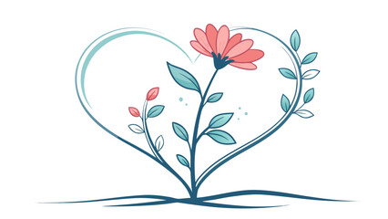 Beautiful heart shaped floral design with pink flower and leaves