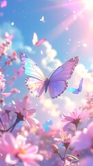 Butterflies float amid pink flowers under a pastel sky, bathed in soft, diffused sunlight
