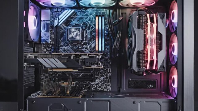 RGB-lit pro gaming PC interior with multiple GPUs, motherboard, liquid cooling, and tidy cables RGB
