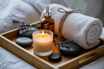 A wooden tray holds a collection of spa essentials designed for ultimate relaxation. A rolled white towel rests next to a bottle of essential oil and smooth dark basalt stones.
