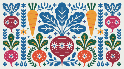 Symmetrical folk art vegetable pattern featuring stylized beetroots, carrots, and decorative floral elements in vintage colors.