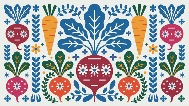 Symmetrical folk art vegetable pattern featuring stylized beetroots, carrots, and decorative floral elements in vintage colors.