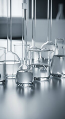 Professional Science Laboratory Glassware with Clear Liquid Solutions in Beakers and Volumetric Flasks on Clean Surface