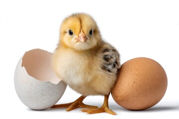 Yellow baby chick standing with cracked eggshell