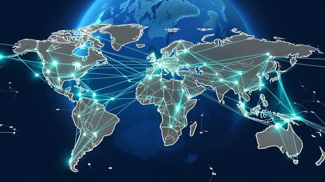 Global connectivity and communication network across continents with lines and nodes, in a dark background, representing international relations and technology