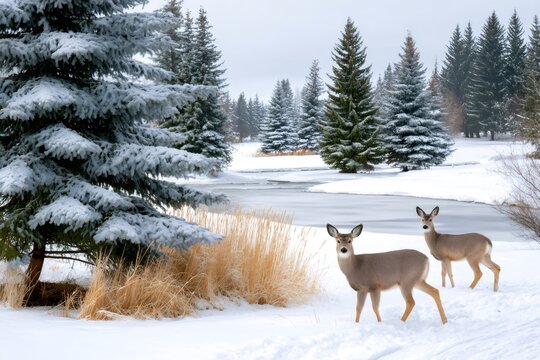 Two deer standing in snowy forest landscape with a frozen pond