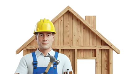 Construction worker with hammer and wooden house frame