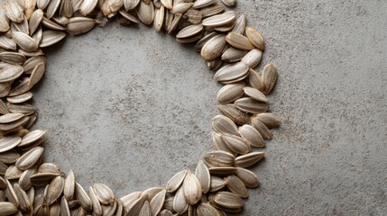 Sunflower seeds are placed in a circular pattern on a grey surface. The seeds create a neat outline highlighting their shape and texture. This arrangement could be for arts or crafts.