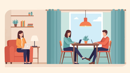 People working on laptops in a cozy room with plants and books