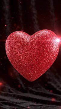Glowing red heart with sparkles on a dark background with drapes