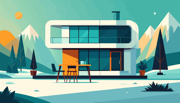 Modern mountain home with minimalist trees, table, and chairs under a pale sun