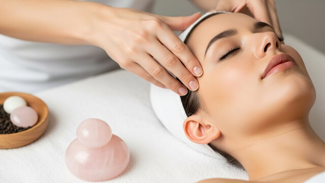 Woman receiving facial massage with stones in spa environment  