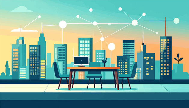 Modern office desk setup overlooking a city skyline with a digital network overlay