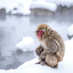 Naklejka premium Macaque sits on snowy edge with steaming water behind, in a blurry, wintery scene