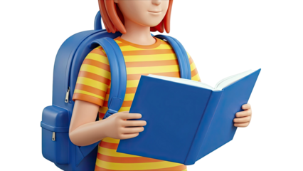 Cartoon child with backpack reading a blue book
