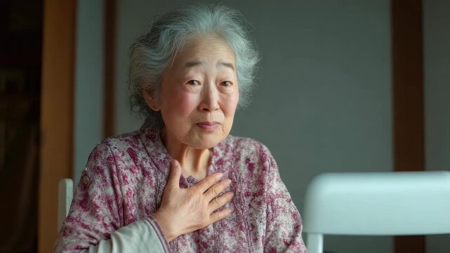 Elderly woman touching chest with surprised gentle expression cozy interior soft natural light patterned sweater conveying warmth and reflection and elderly woman smiling with hand chest expressing