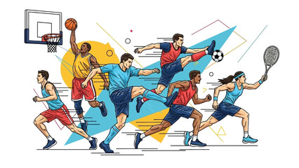 Fototapeta premium A dynamic flat vector illustration capturing a group of athletes engaged in an intense sports competition filled with movement and energy. The bold poses and vibrant colors convey teamwork, strength, 
