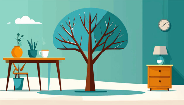 Minimalist indoor scene with a bare tree, desk, and nightstand