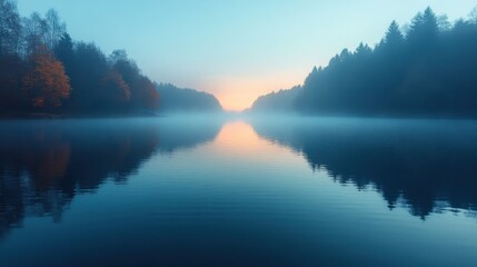 Misty Morning Lake Sunrise Reflecting in Calm Blue Water Surrounded by Autumn Forest Trees