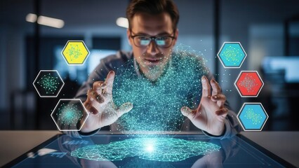 A focused male professional interacting with a glowing holographic network projection and colorful hexagonal data modules on a futuristic touchscreen table in a dark, blurred office environment,