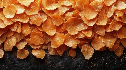 Close up texture of sparkling golden corn flakes piled high against a dark glittering background