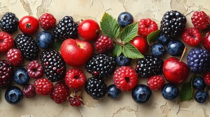 Assortment of Freshly Picked Red and Blue Berries with Water Droplets on Textured Surface
