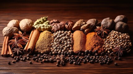 Variety Of Spices Arranged In Rows On A Dark Wooden Surface With Dramatic Lighting